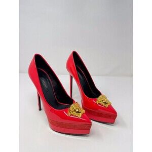 Versace Heels Red Patent Leather Platform Stiletto Gold Medusa Pointed Pump US 6